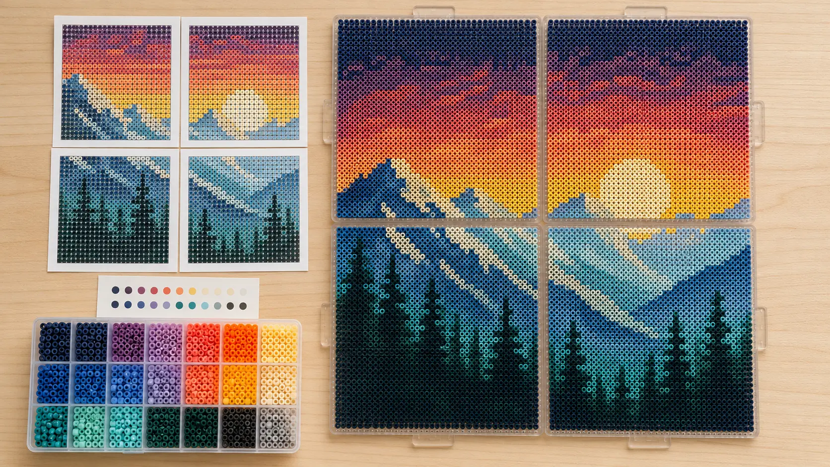 Four-page printable fuse bead blueprint beside a matching four-pegboard mountain sunset pattern