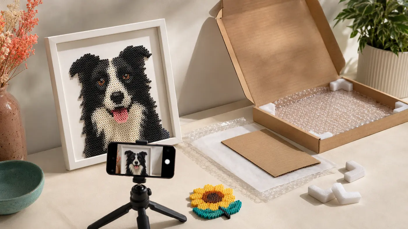 Finished black and white dog fuse bead portrait being photographed beside rigid backing, corner protection, padding, and a shipping box